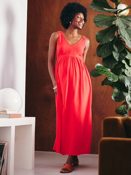 Long Cotton Gauze Dress for Maternity pomegranate 