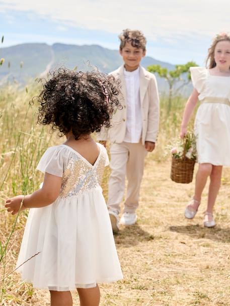 Short Sleeve Dress with Button-Up & Sequins at the Back white 