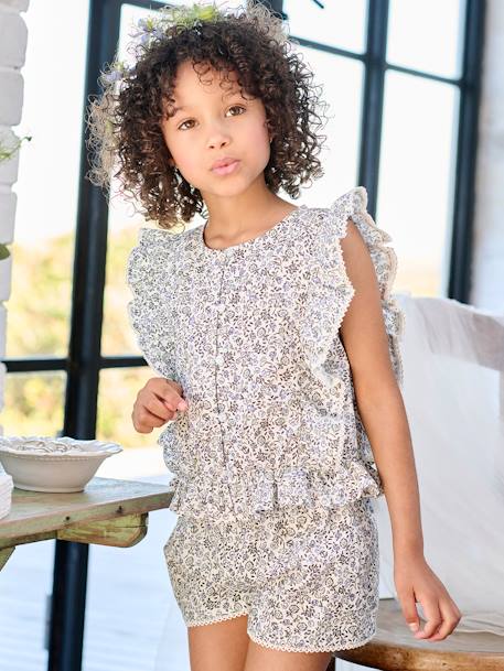 Occasion Wear Blouse + Shorts Set for Girls printed blue 