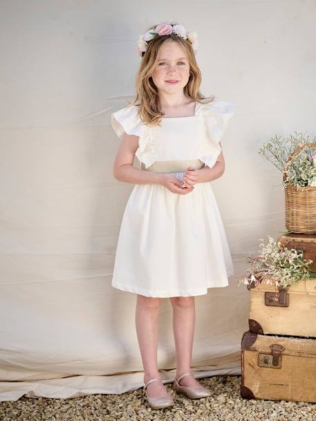 Occasion Wear Dress with Golden Sash for Girls blush+white 