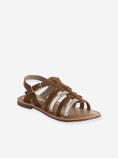 Leather Sandals with Straps, for Girls caramel+Light Brown+multicoloured+set brown 