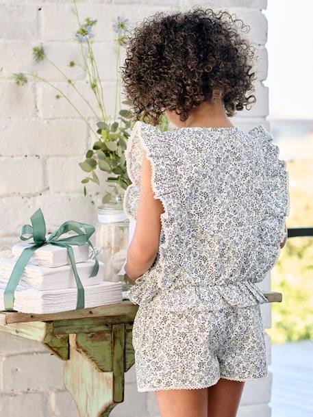 Occasion Wear Blouse + Shorts Set for Girls printed blue 