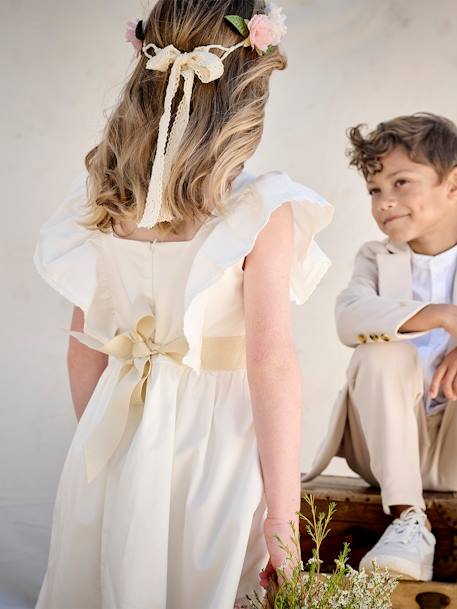 Occasion Wear Dress with Golden Sash for Girls blush+white 