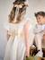 Occasion Wear Dress with Golden Sash for Girls blush+white 