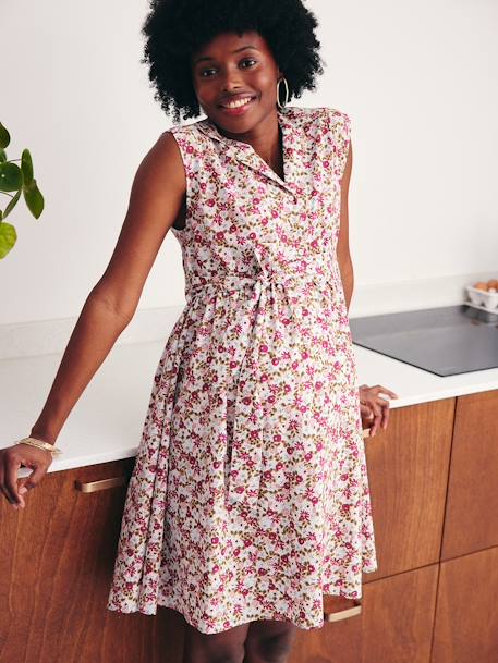 Sleeveless Shirt Dress, Maternity & Nursing navy blue+rose 