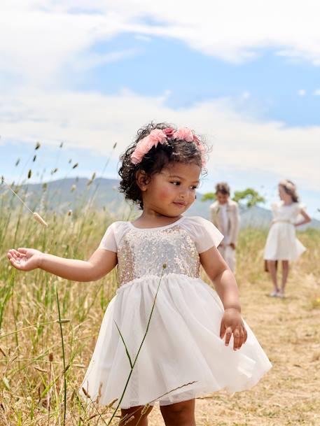 Short Sleeve Dress with Button-Up & Sequins at the Back white 