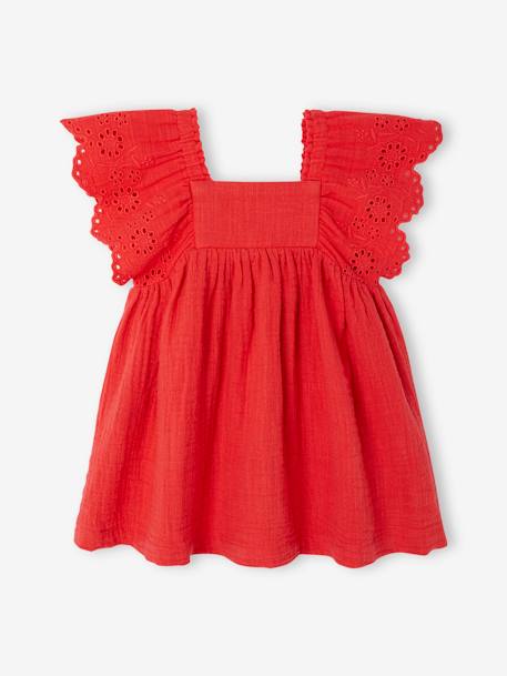 Cotton Gauze Dress for Babies ecru+red 