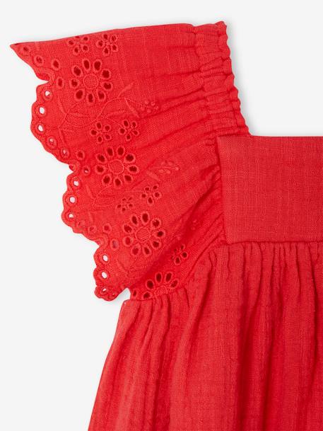 Cotton Gauze Dress for Babies ecru+red 