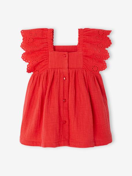 Cotton Gauze Dress for Babies ecru+red 