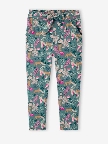 Fluid Cropped Trousers with Floral Print, for Girls emerald green+navy blue+red 