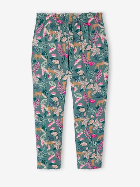 Fluid Cropped Trousers with Floral Print, for Girls emerald green+navy blue+red 