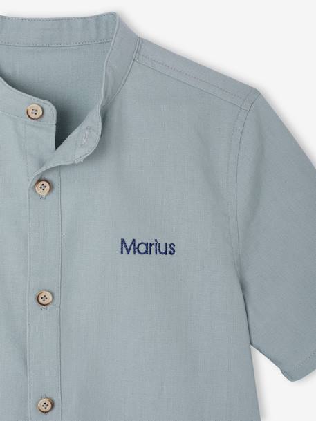 Linen Shirt with Mandarin Collar for Boys sage green+white 