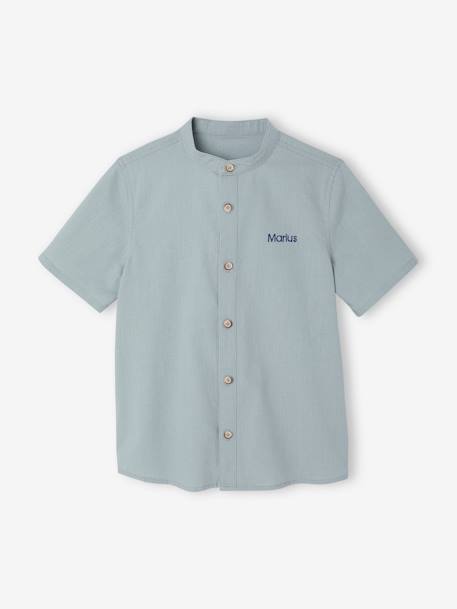 Linen Shirt with Mandarin Collar for Boys sage green+white 