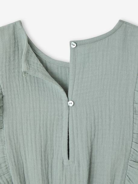 Frilly Cotton Gauze Playsuit for Girls ecru+sage green 