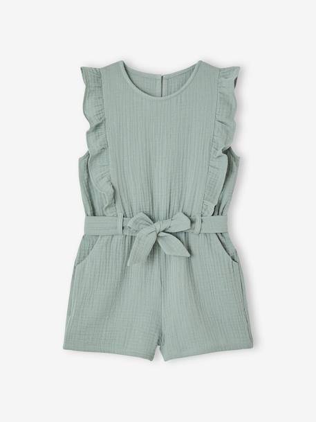 Frilly Cotton Gauze Playsuit for Girls ecru+sage green 
