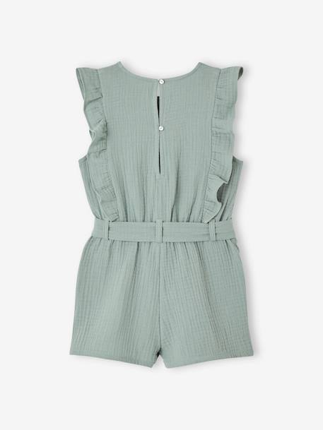 Frilly Cotton Gauze Playsuit for Girls ecru+sage green 