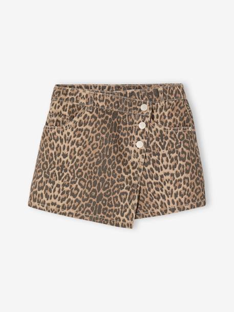 Asymmetrical Leopard Print Mini Skort for Girls, JONEN beige 