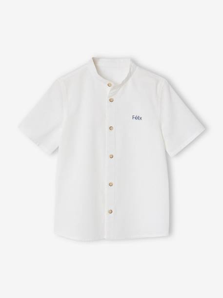 Linen Shirt with Mandarin Collar for Boys sage green+white 