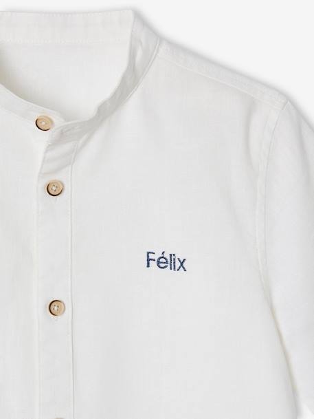 Linen Shirt with Mandarin Collar for Boys sage green+white 