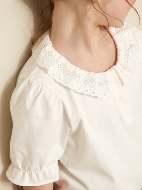 Girl's t-shirt with English embroidery collar CYRILLUS in organic cotton ecru 