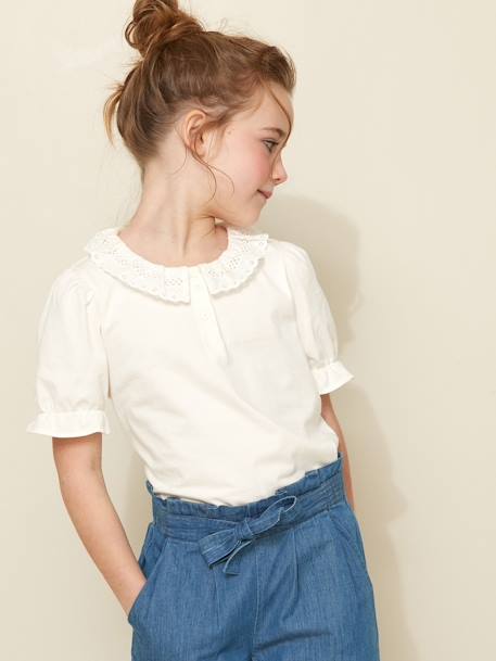 Girl's t-shirt with English embroidery collar CYRILLUS in organic cotton ecru 