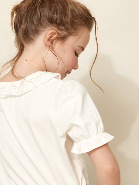 Girl's t-shirt with English embroidery collar CYRILLUS in organic cotton ecru 