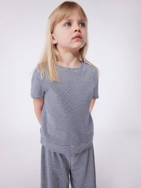 Striped, Short Sleeve Pyjamas for Children, Wide Legs, PETIT BATEAU navy blue 