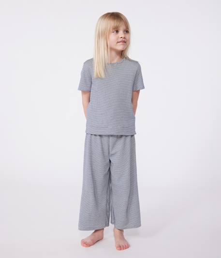Striped, Short Sleeve Pyjamas for Children, Wide Legs, PETIT BATEAU navy blue 