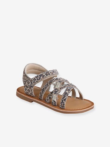 Pair of Leather Hook-&-Loop Sandals for Children, Designed for Autonomy printed beige 