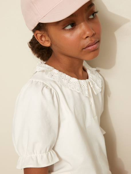 Girl's t-shirt with English embroidery collar CYRILLUS in organic cotton ecru 