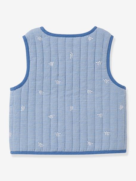 Gingham embroidered CYRILLUS girl's sleeveless quilted jacket chequered blue 