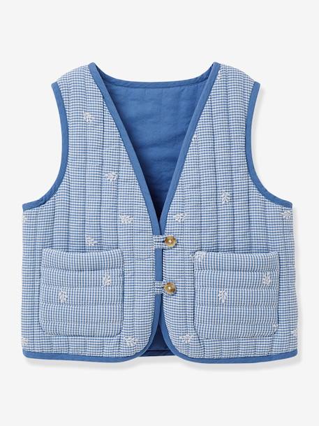 Gingham embroidered CYRILLUS girl's sleeveless quilted jacket chequered blue 