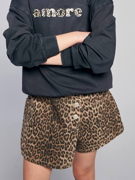 Asymmetrical Leopard Print Mini Skort for Girls, JONEN beige 