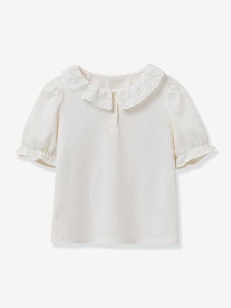 Girl's t-shirt with English embroidery collar CYRILLUS in organic cotton ecru 