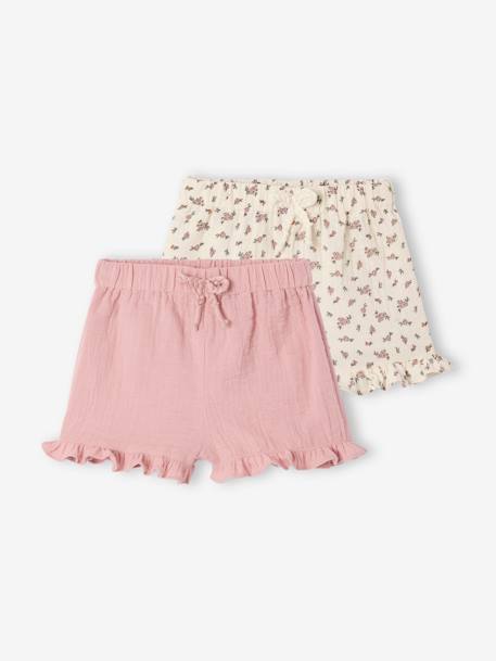 Pack of 2 baby shorts, 1 plain + 1 printed rose 
