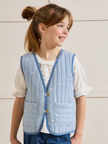 Gingham embroidered CYRILLUS girl's sleeveless quilted jacket chequered blue 