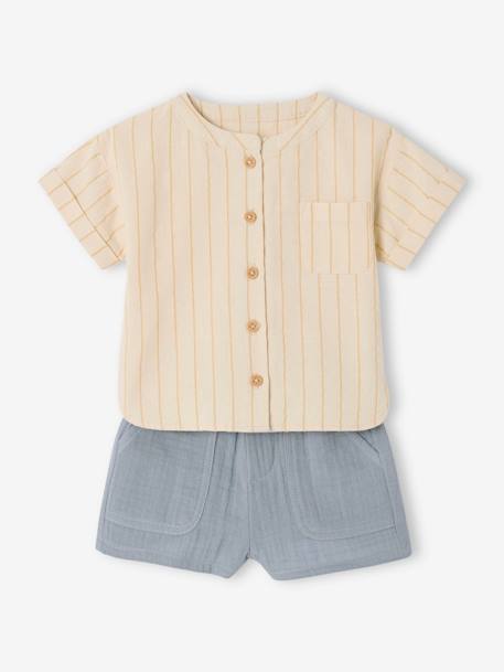 Baby Outfit: Striped Linen-Look Shirt + Gauze Shorts grey blue 