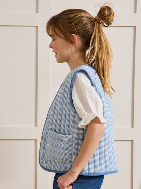 Gingham embroidered CYRILLUS girl's sleeveless quilted jacket chequered blue 