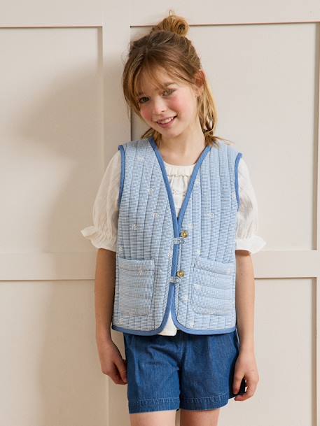 Gingham embroidered CYRILLUS girl's sleeveless quilted jacket chequered blue 