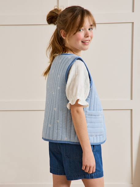 Gingham embroidered CYRILLUS girl's sleeveless quilted jacket chequered blue 