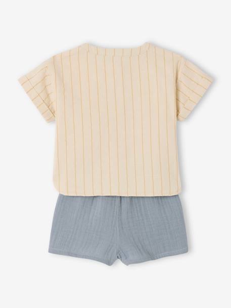 Baby Outfit: Striped Linen-Look Shirt + Gauze Shorts grey blue 