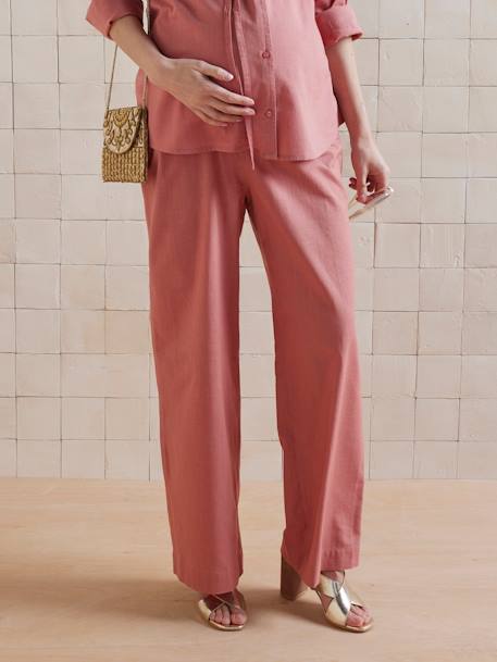Plain Wide-Leg Linen-Effect Trousers for Maternity tomato red 