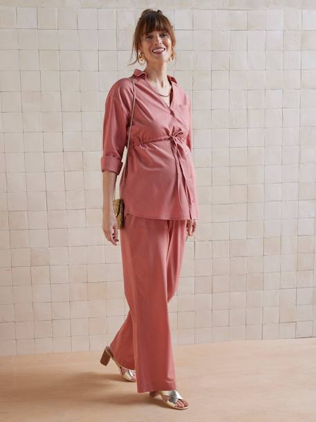 Plain Wide-Leg Linen-Effect Trousers for Maternity tomato red 