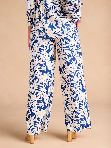 Floral Print Wide-Leg Trousers with Belly Band for Maternity by ENVIE DE FRAISE royal blue 