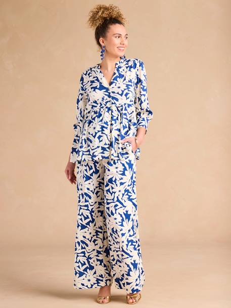Floral Print Wide-Leg Trousers with Belly Band for Maternity by ENVIE DE FRAISE royal blue 