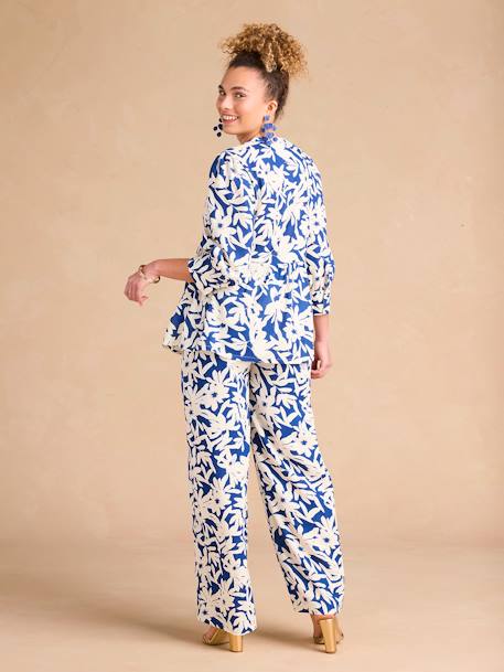 Floral Print Wide-Leg Trousers with Belly Band for Maternity by ENVIE DE FRAISE royal blue 