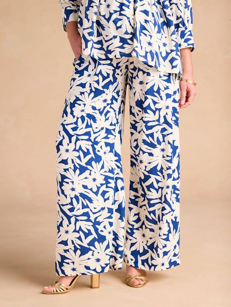 Floral Print Wide-Leg Trousers with Belly Band for Maternity by ENVIE DE FRAISE royal blue 