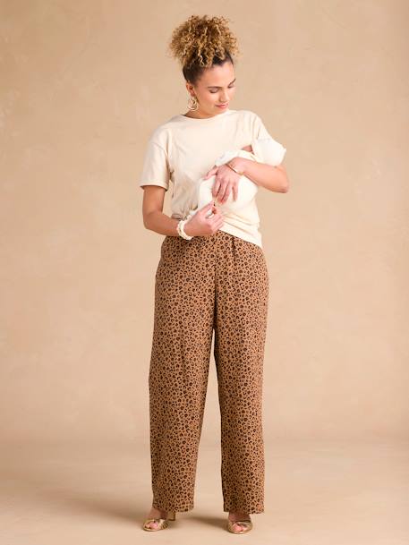 Wide-Leg Leopard Print Trousers in Cotton Gauze for Maternity, ENVIE DE FRAISE beige 
