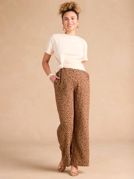 Wide-Leg Leopard Print Trousers in Cotton Gauze for Maternity, ENVIE DE FRAISE beige 