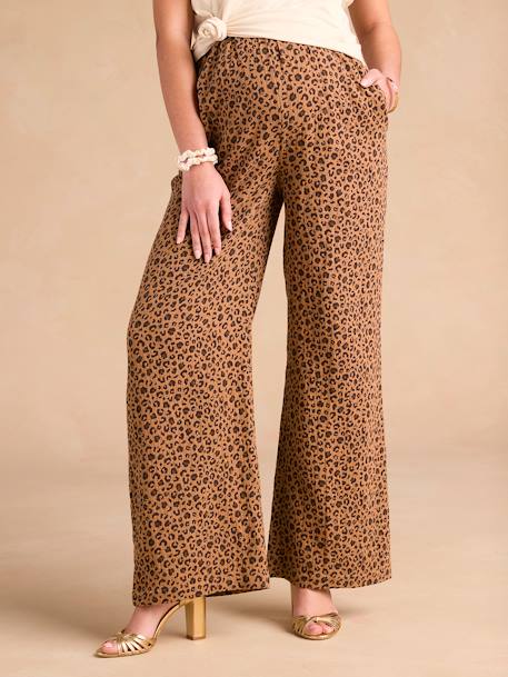 Wide-Leg Leopard Print Trousers in Cotton Gauze for Maternity, ENVIE DE FRAISE beige 